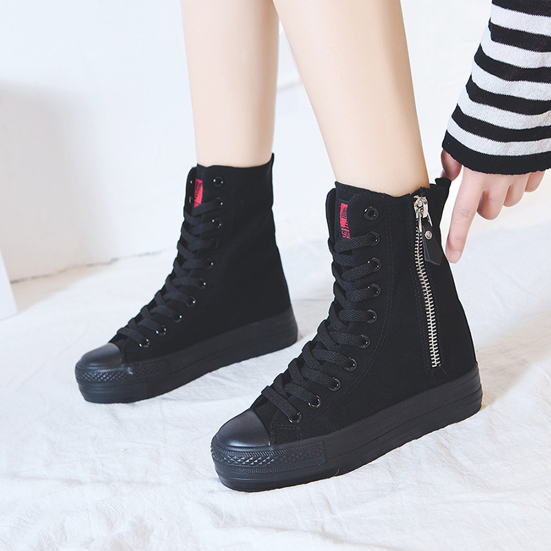 Yuanbu W776 Spring High-top Canvas Shoes Thick-soled Student Cloth Shoes Side Zipper Platform Shoes All-match Inner Height-increasing Women's Shoes