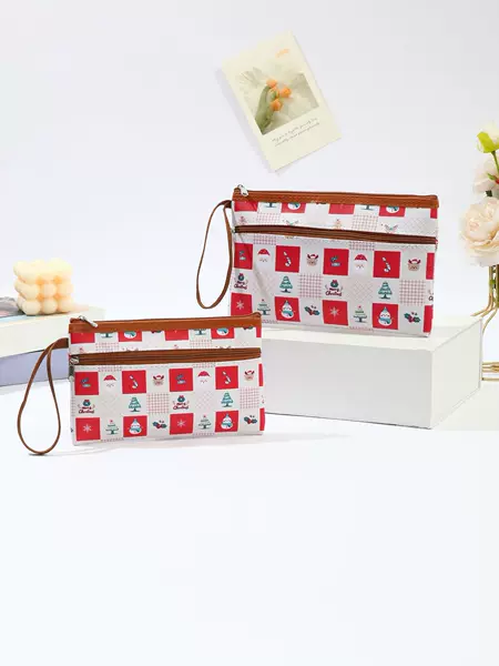 Cross-border Double Zipper Christmas PU Cosmetic Bag Portable Women Coin Purse Key Mobile Phone Bag Carry-on Storage Bag