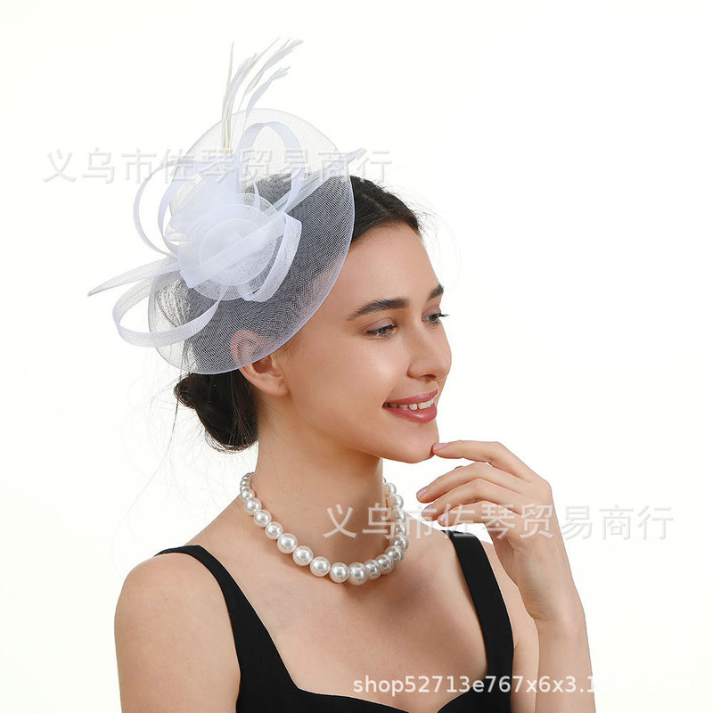 メッシュフェザーヘッドドレス ヴィンテージ エレガント ブライダル ウェディング ヘッドフラワー ヘアアクセサリー ティーパーティー パフォーマンス 女性 ヴィンテージスタイル|undefined