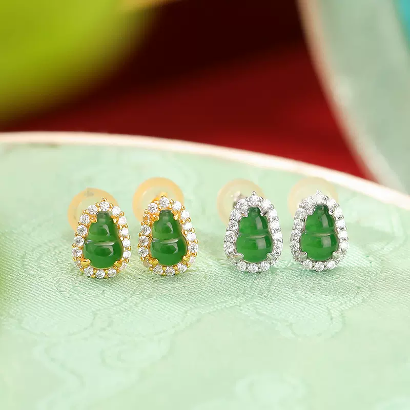 悦宝珠宝S925纯银镀金翡翠复古国潮福禄葫芦耳钉气质国风百搭耳饰