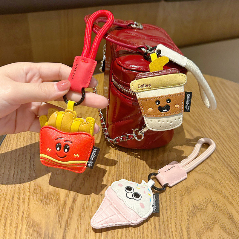 クリエイティブ漫画レザースナックキーホルダーかわいいフライドポテトコーヒーアイスクリームカップルバッグペンダント小さなギフト|undefined