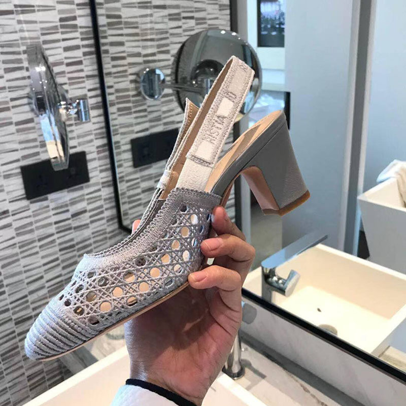 2022 New D Home Embroidered Alphabet with Bow Hollow Thick Heel High Heels Baotou Shallow Mouth Flat Sandals Women