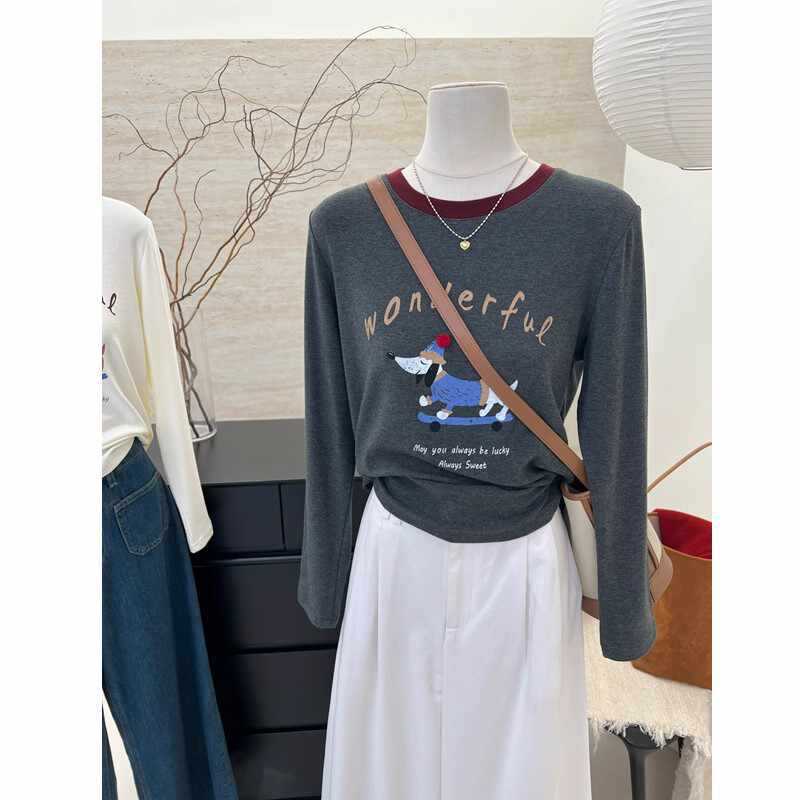 Korean Style Retro Fleece Crewneck Long-sleeved T-shirt Women's Autumn 2024 New Loose Puppy Printed Base Shirt Top