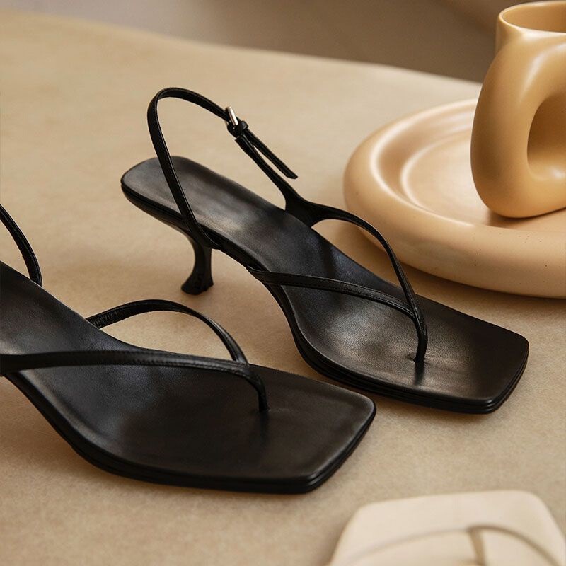 French High-Heeled Shoes for Women in Summer, New Leather Flip-Flops, Stiletto Heels, Sandals, Back Straps, Cat Heels, Herringbone Sandals