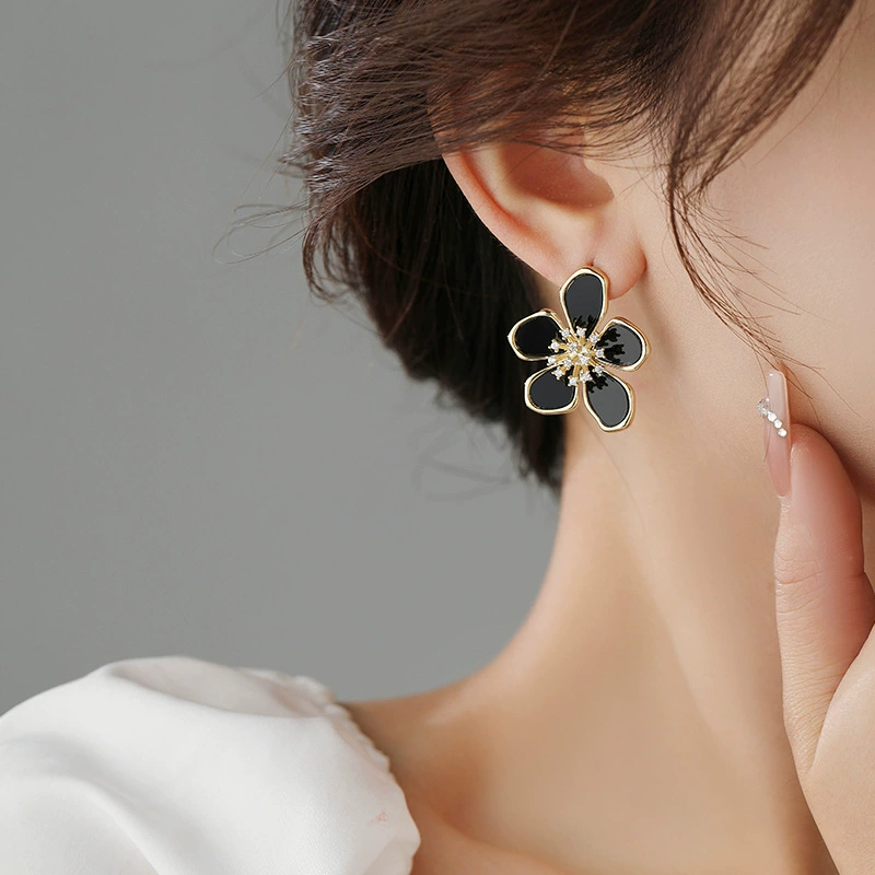 Earrings with zircon, high-quality style, flowered
