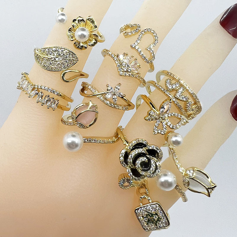 20g Weight Zircon Inlay Material Open Rings Classification 1 Piece Quantity Holiday, Banquet Occasion Copper Material Heart Shape, Crown, Flower Pattern Unisex Gender Inlay Design Lady Style Wholesale Jewelry Lady Heart Shape Crown Flower Copper Zircon Inlay Open Rings 无