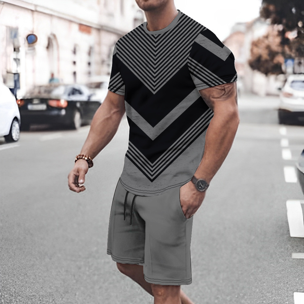 跨境亚马逊夏季新款短袖短裤套装男士3d数码印花一件代发