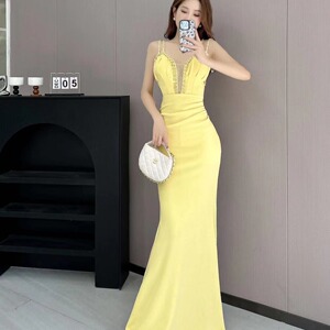 Deep V-low cut temperament socialite high slit long dress evening dress