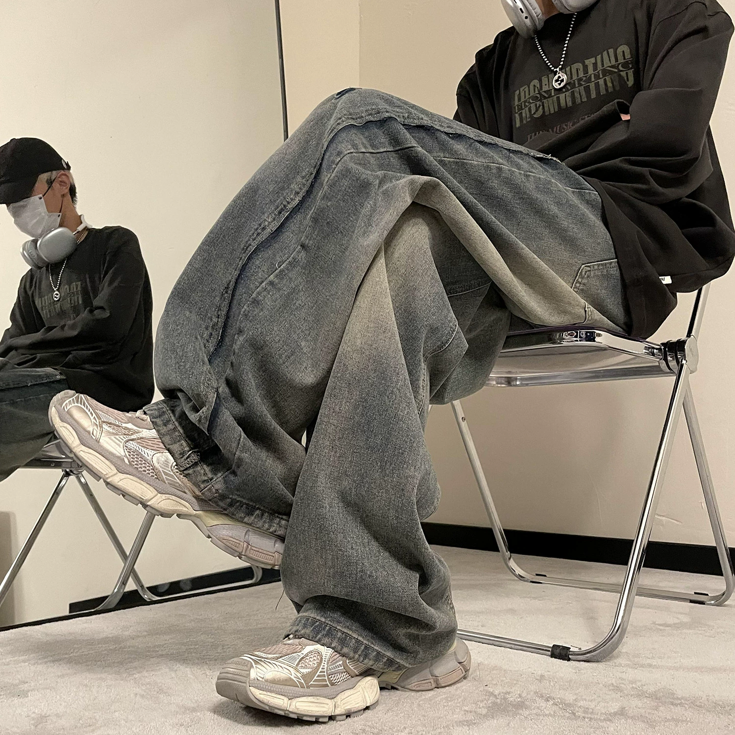 Американские ретро-джинсы мужские 2024 новые весенне-осенние модные брендовые дизайнерские свободные прямые красивые широкие длинные брюки с рюшами