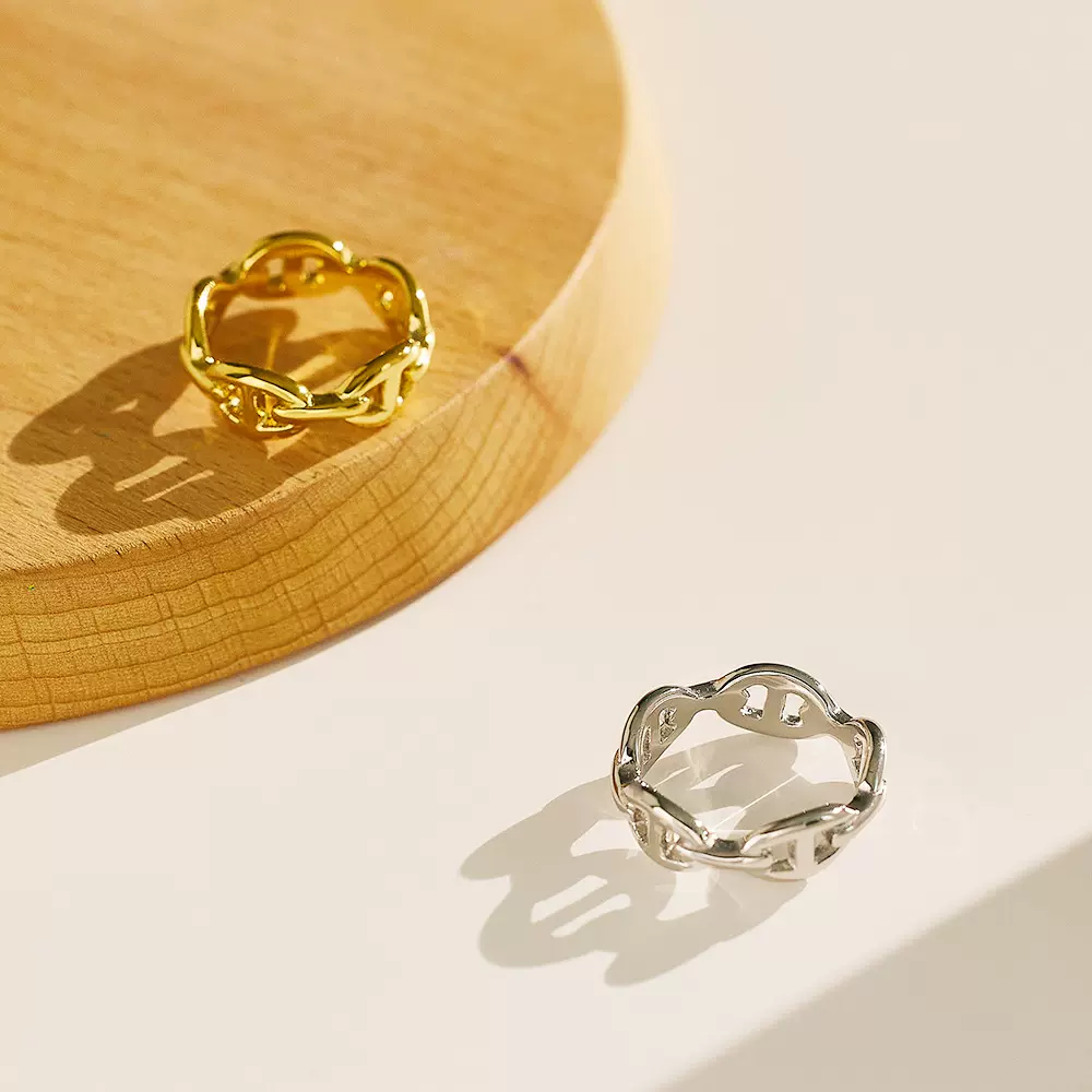 欧美跨境个性潮戒指网红同款链条指环不掉色猪鼻子钛钢戒指情侣