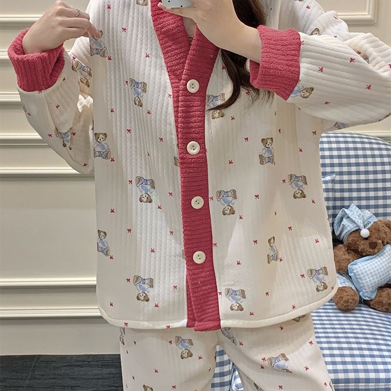 Al por mayor transfronterizo otoño y invierno nuevo pijama de mujer engrosado cardigán intercalado de aire V-cuello manga larga dulce conjunto de ropa para el hogar