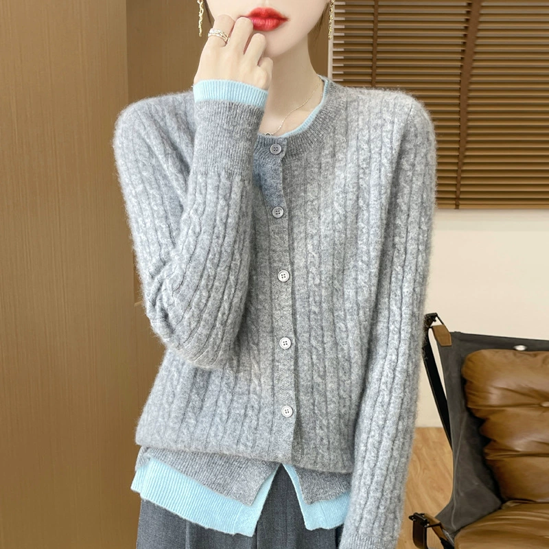 100 шерстяной кардиган женский с круглым вырезом с круглым вырезом, цветочный цвет, поддельные две части пальто, свитер свободный кашемировый толстый длинный рукав топ