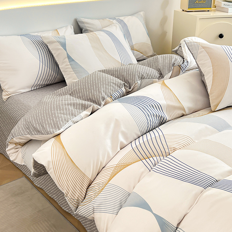 Juego de cuatro piezas de algodón fresco, juego de tres piezas de algodón, funda de edredón gruesa para el hogar, sábana de dormitorio, lijado, cama individual para estudiantes