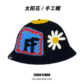 权志龙同款手工编织渔夫帽女百搭时尚街拍显脸小花朵针织帽子男潮