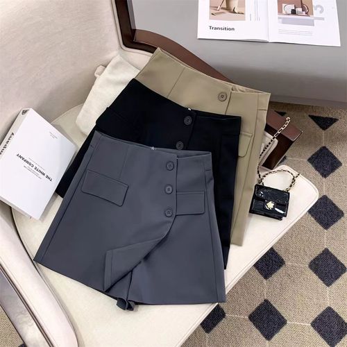 Iris Regular High-Waist Shorts Skirt for Women Spring and Autumn 2025 Korean Version Button Embellishment A-Line Wide Leg Skirt Pants
