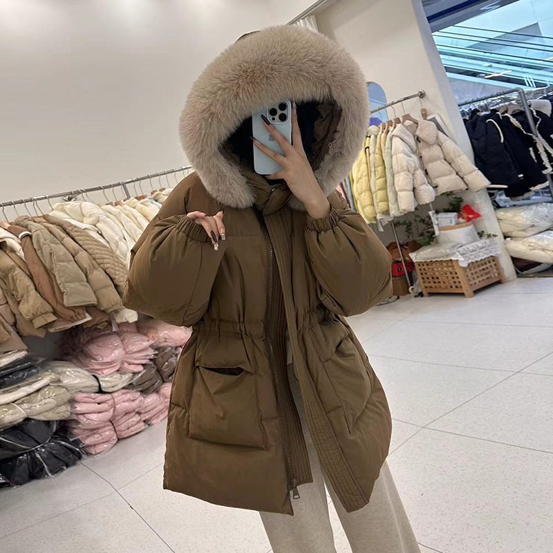高級韓国風ダウンジャケット レディース ショート丈 2025年冬新作 厚手 フォックスファー襟 ウエストシェイプ 細見え ホワイトダックダウンジャケット