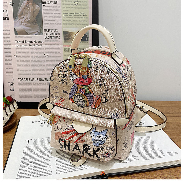 Stylish Graffiti Printed Backpack For Women Cute Bear School Bag_voghion.com