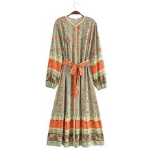 8797-秋季新款女装欧美风V领长袖腰部系结中长款印花连衣裙