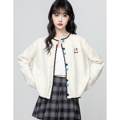 韩系复古撞色圆领针织开衫女2025春秋季新款宽松短款毛衣外套上衣