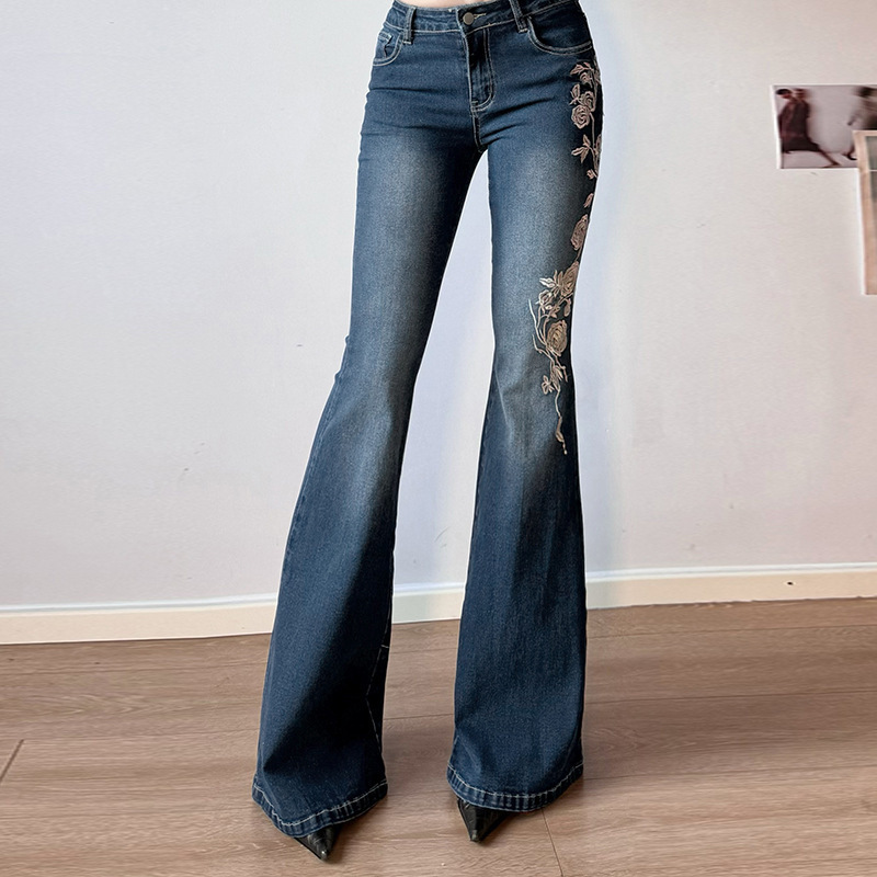 Rose Embroidery Retro Gradual Change Niche Slightly Spicy Jeans American Hot Girl Street Low Waist Thin Personality Trousers_ecoleips.com
