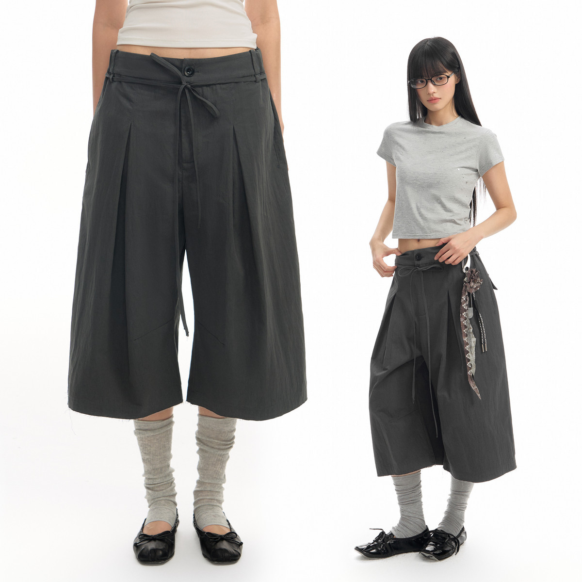 Pleated Ribbon Fringe Cropped Pants Unisex Summer Loose Wide-Leg Casual Mid-Length Gray Shorts Summer