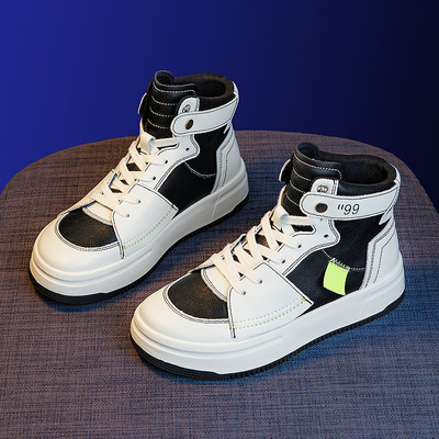 Leather high-top shoes 2021 new pattern Korean Edition Versatile The thickness of the bottom Plush skate shoes Waitoushan motion leisure time student