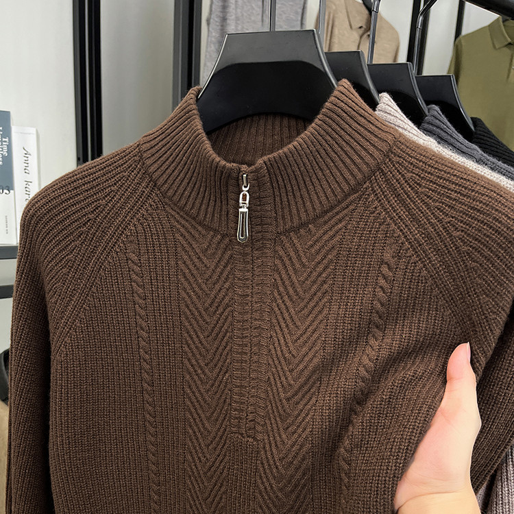 Suéter de lana hombre de media altura con cremallera collar suéter de invierno Jacquard cálido suéter de punto casual juvenil