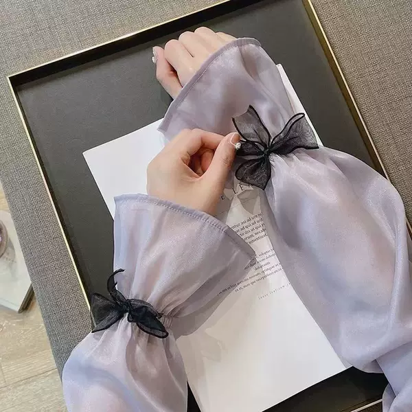 Elegant Pearlescent Yarn Bow Sun Protection Hand Sleeve Women's Summer Ins Ice Silk Sleeve Wind Arm Protection Horn Sleeve