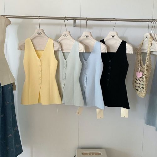 Summer Hot Babe V-Neck Stunning Yellow Top Fashion Design Slimming Sleeveless Knit Split Straps Backless Bra