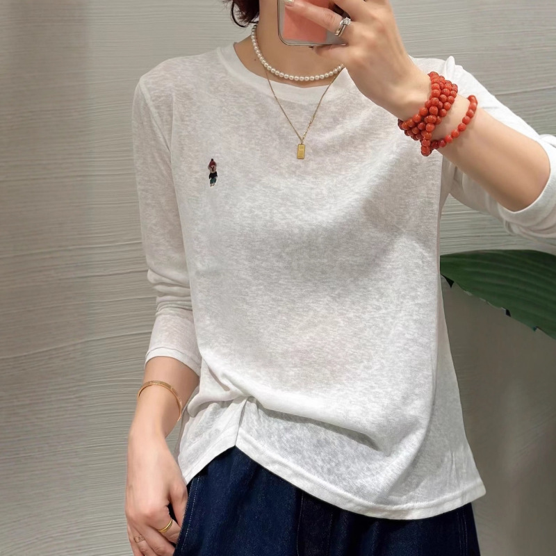 欧货2025秋季新款圆领休闲刺绣长袖T恤女宽松显瘦打底衫上衣女|undefined