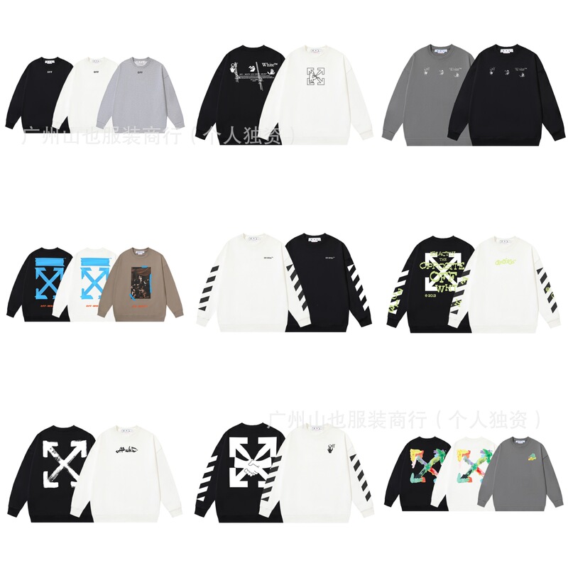 High-Quality Export Ready-Made Off-White Trendy Brand Pure Cotton Heavy Terry Printed Round Neck Sweatshirt for Men and Women 2