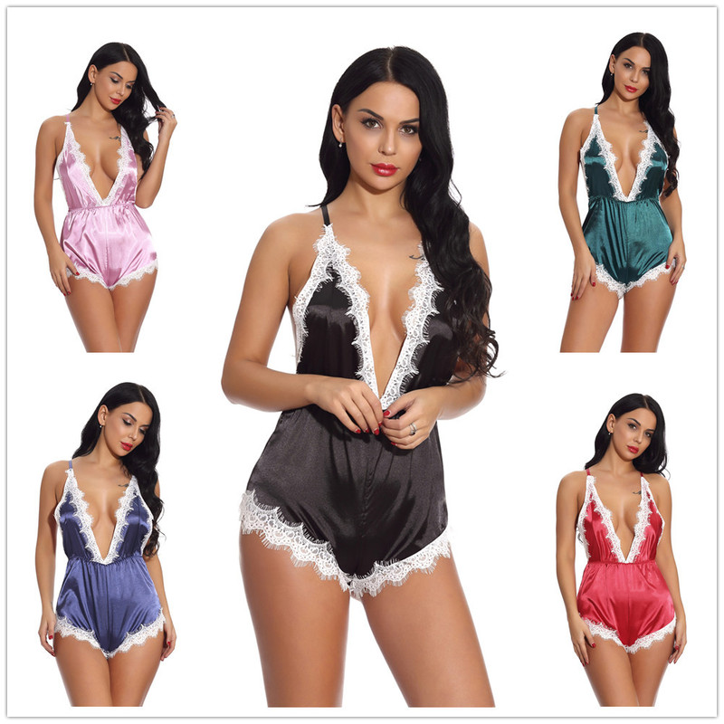 Night Bar Women's Sexy Underwear Cross-border Sling Deep V-neck Sexy Lace Eyelash Lace Satin Bodies