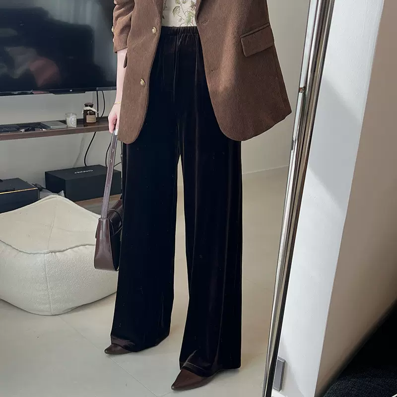 金丝绒阔腿裤女早秋新品高级感垂感直筒宽松裤子显瘦拖地长休闲裤