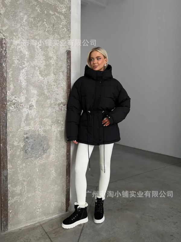 韩版显百搭收腰女中冬季高级感连帽抽绳2025新款外套简约加厚外套|undefined