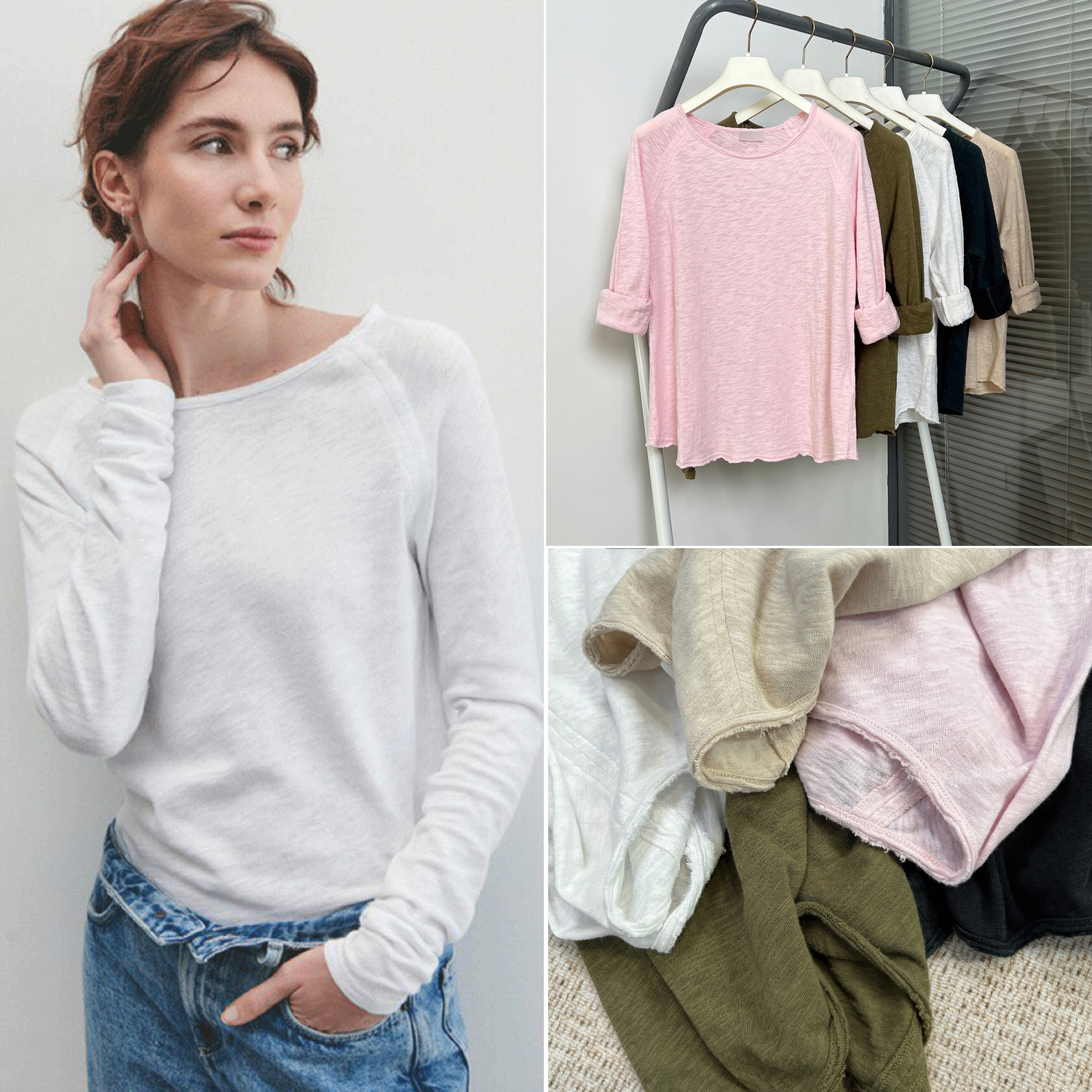 House25 Summer New Bamboo Cotton Large Round Neck Simple Commuter Versatile Loose Long Sleeve Base Shirt for Women