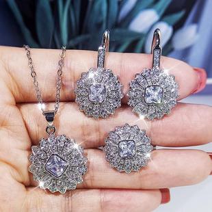Authentic high carbon diamond group inlaid with full diamond S925 sterling silver pendant necklace high-grade temperament all-match earrings bracelet three genuine