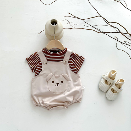 Baby Korean style ins style summer short-sleeved hoodie, newborn male and female baby cartoon sling one-piece crawling suit