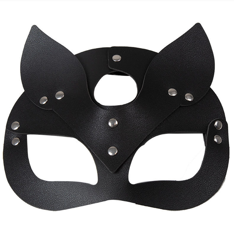 Leather Fox Eye Mask with Studs and Cat Ears, Pink Role Play Blindfold — detail image 2