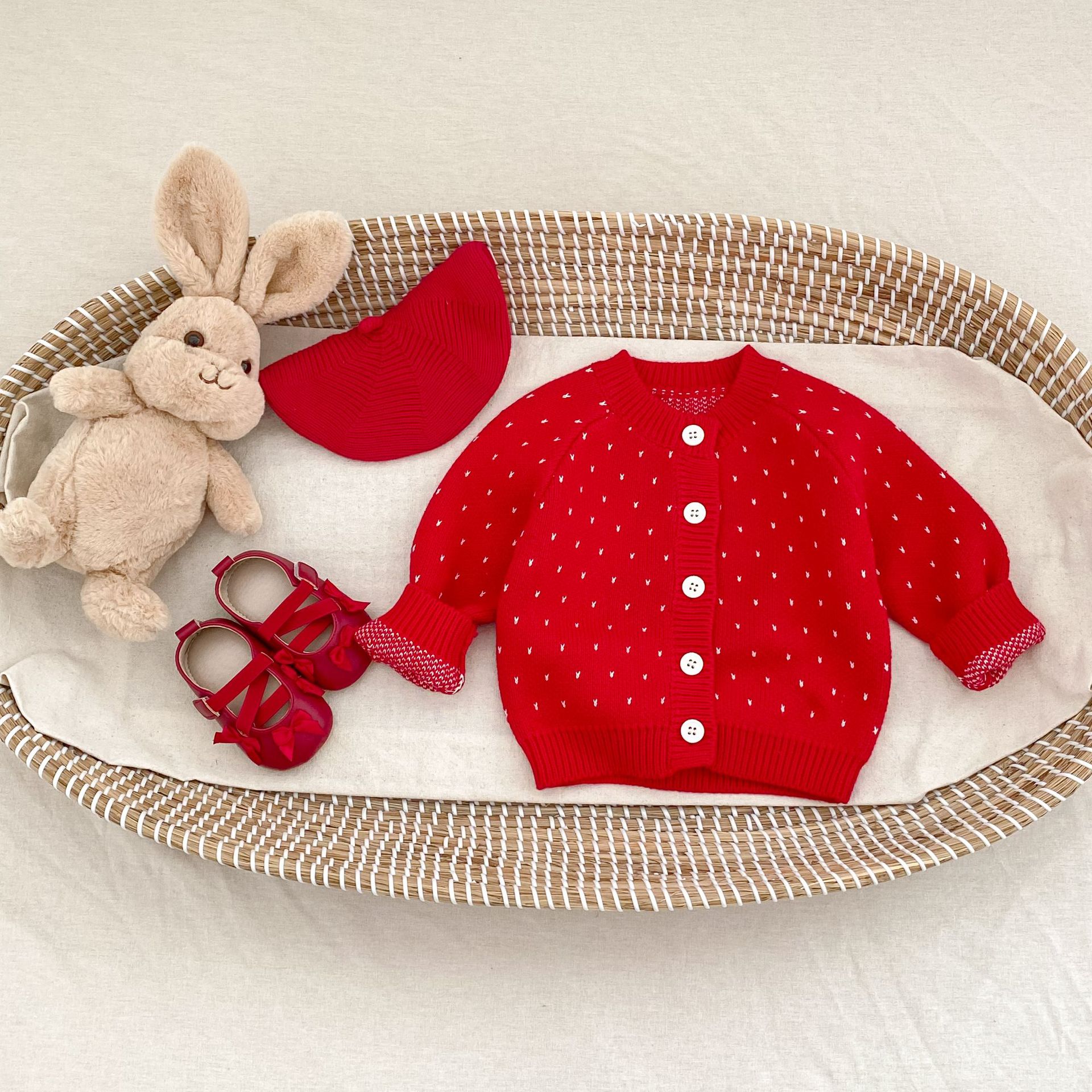 Autumn Children's Fashionable Sweet Baby Girl's Jacquard Red Knitted Coat Cardigan