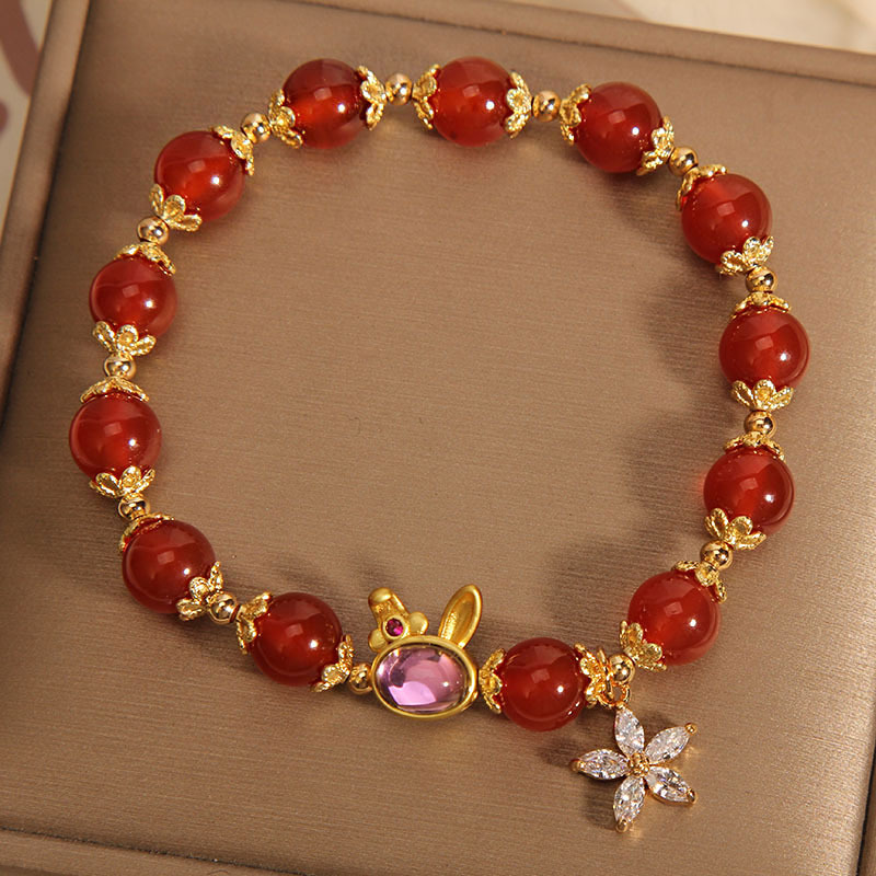 Pulsera de conejo de ágata roja mujer estilo coreano elegante pulsera colgante de flores de cinco hojas pulsera de regalo para novias estudiantes
