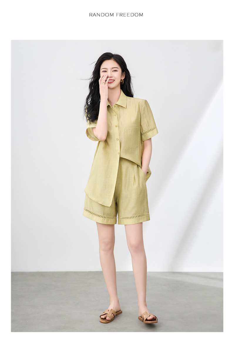 Áo sơ mi khoác pha vải lanh Tencel tay dài + quần short rộng thùng thình bộ hai mảnh mùa hè — Màu trắng chi tiết 10