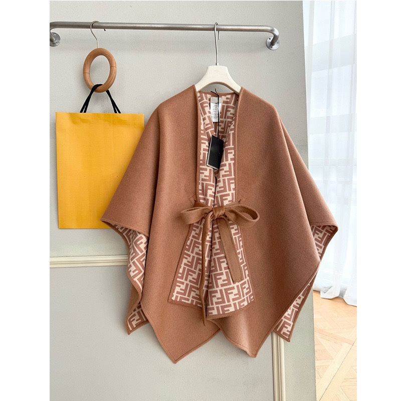 High-End Letter Double-Sided Cashmere Wool Cape Shawl for Women, Versatile Warm Coat with Belt