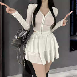 韩国东大门新款性感甜美套装拉链短外套+有内衬百褶短裙两件套女