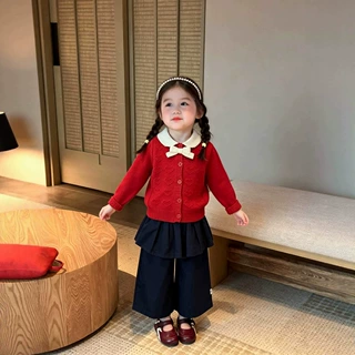 女童红色针织开衫秋季新款宝宝蝴蝶结毛衣婴幼儿爱心提花软糯外套