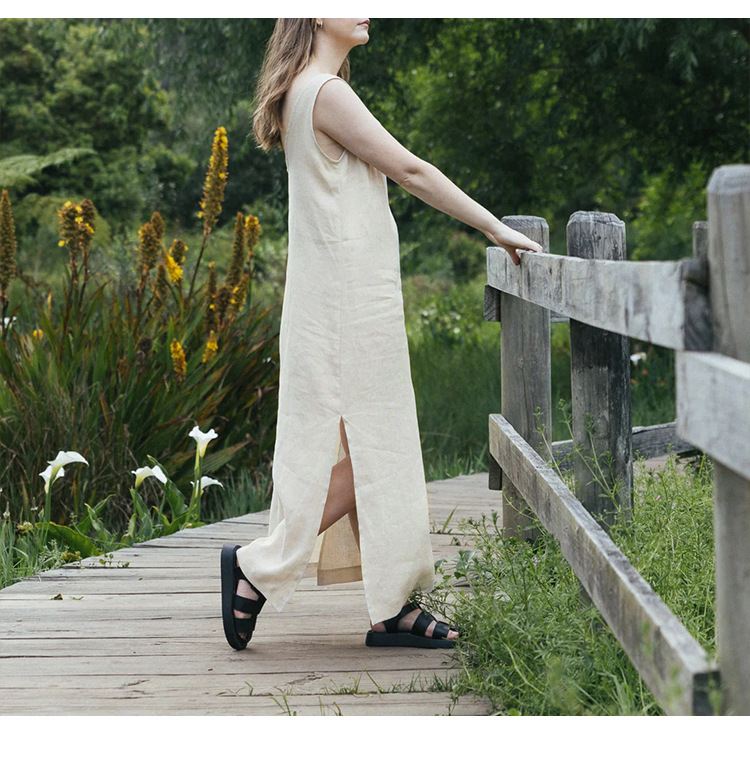 Summer Casual Front Back V Neck Dress Linen Sleeveless High Waist Split Knee Length Backless Cotton Linen Vest Dress