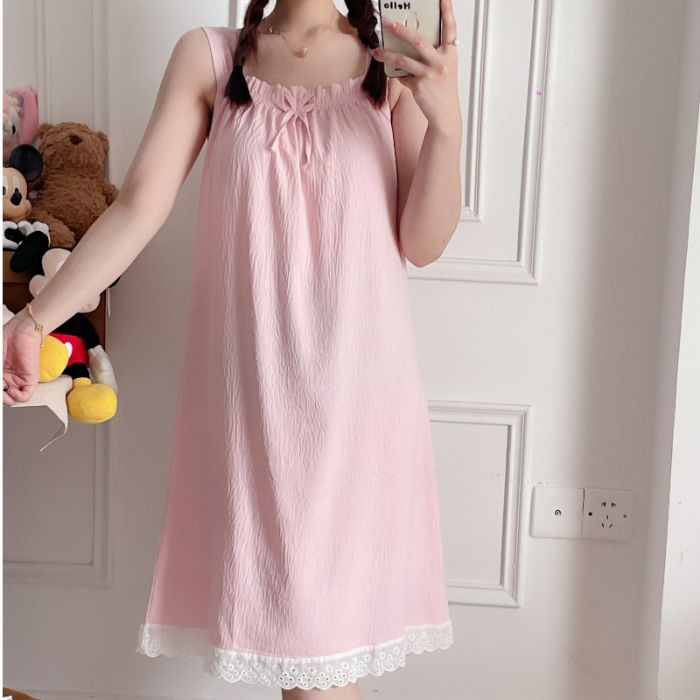 Camisón de tirantes de hilo de algodón de nubes de verano para mujer, ropa de hogar de color sólido largo de verano para niña, pijamas holgados y cómodos, estilo delgado