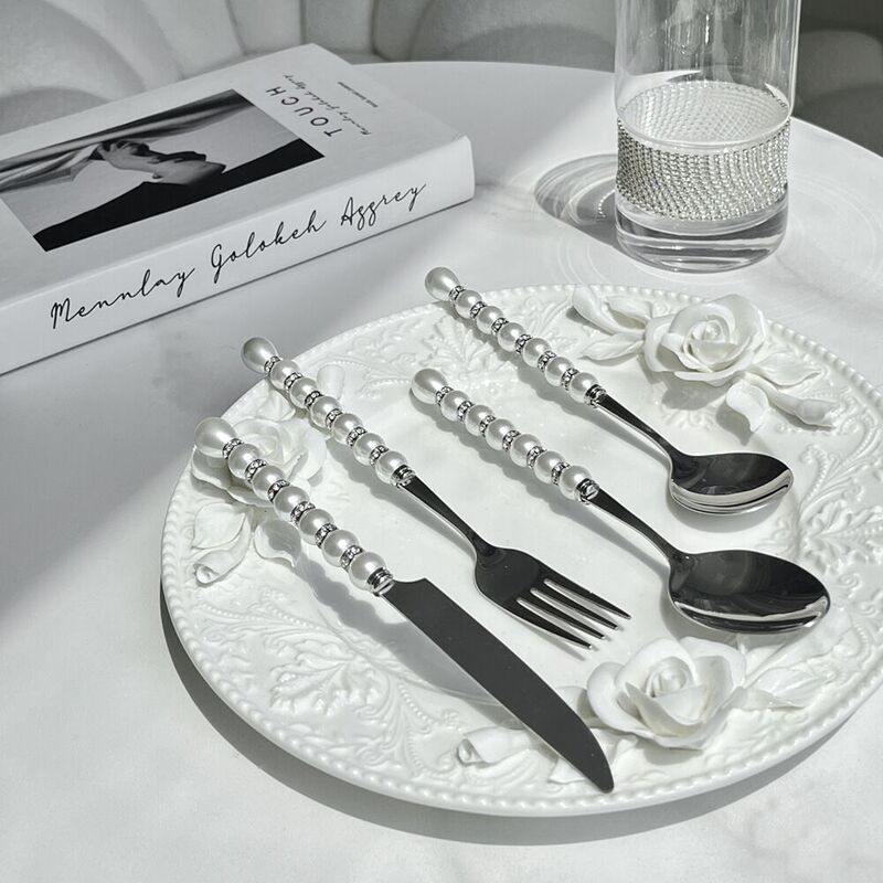 Light luxury stainless steel Pearl Diamond-embedded knife, fork and spoon suit Western restaurant tableware three-piece set household dessert fork and spoon