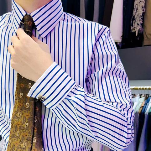 Eton Men's Long-Sleeve Shirt with French Cuffs, Business Casual Versatile Wrinkle-Resistant Rounded Collar, High-End Plaid