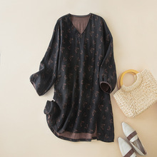 民族风早秋季新款复古棉麻印花V领衬衫宽松百搭洋气显瘦长袖上衣