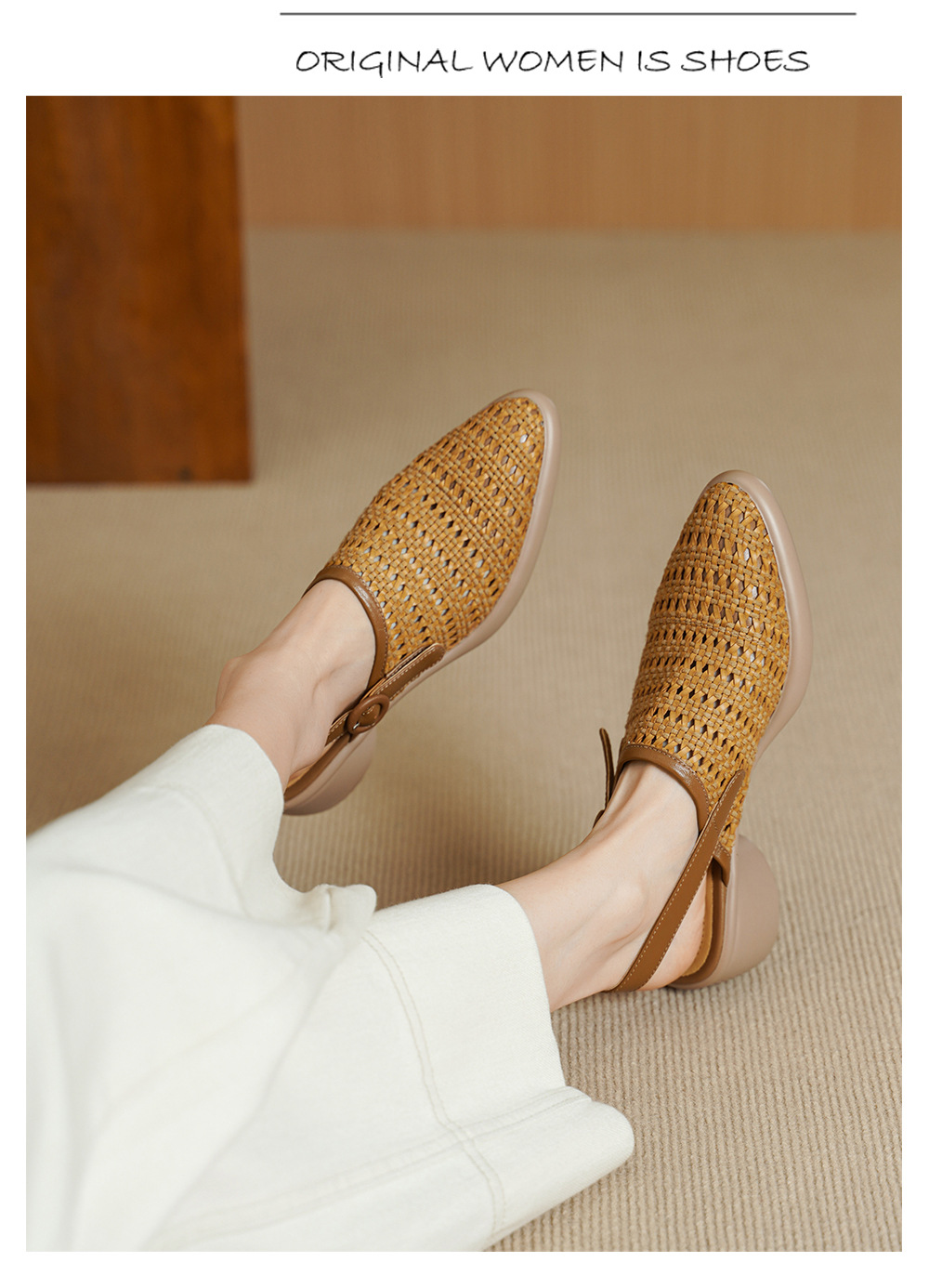 Sandal cao gót nữ mũi nhọn quai chữ T đan dây, gót thô 5 cm — Màu vàng đất chi tiết 10